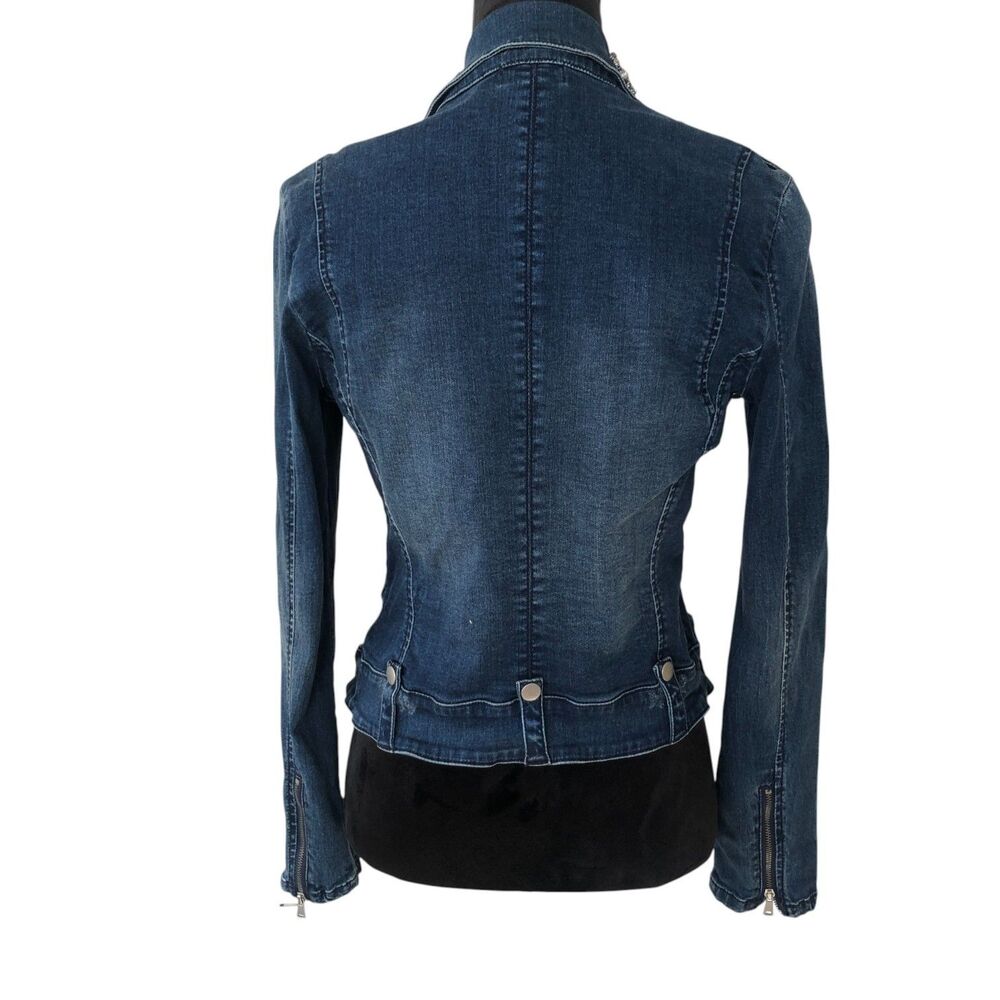 Bebe Rhinestone Embellished Stretchy Retro Y2K Denim‎ Moto Jacket Size S - Picture 11 of 14